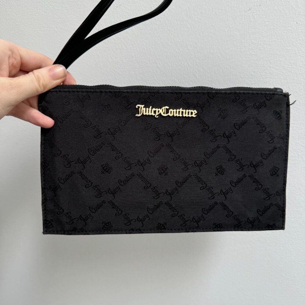 Juicy Couture Black Leather Wristlet Clutch Purse with Gold Details